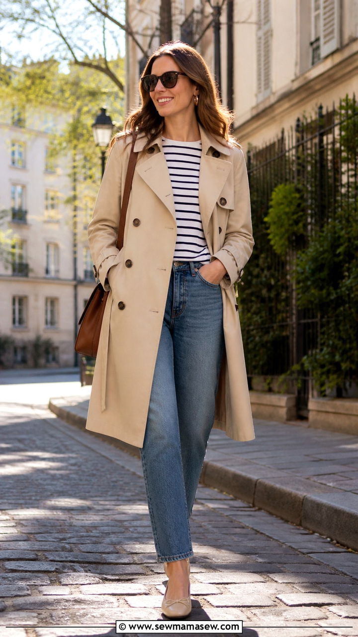 Double Breasted Trench Coat with Striped Tee and Straight Leg Jeans - 30 Double breasted coat outfit ideas
