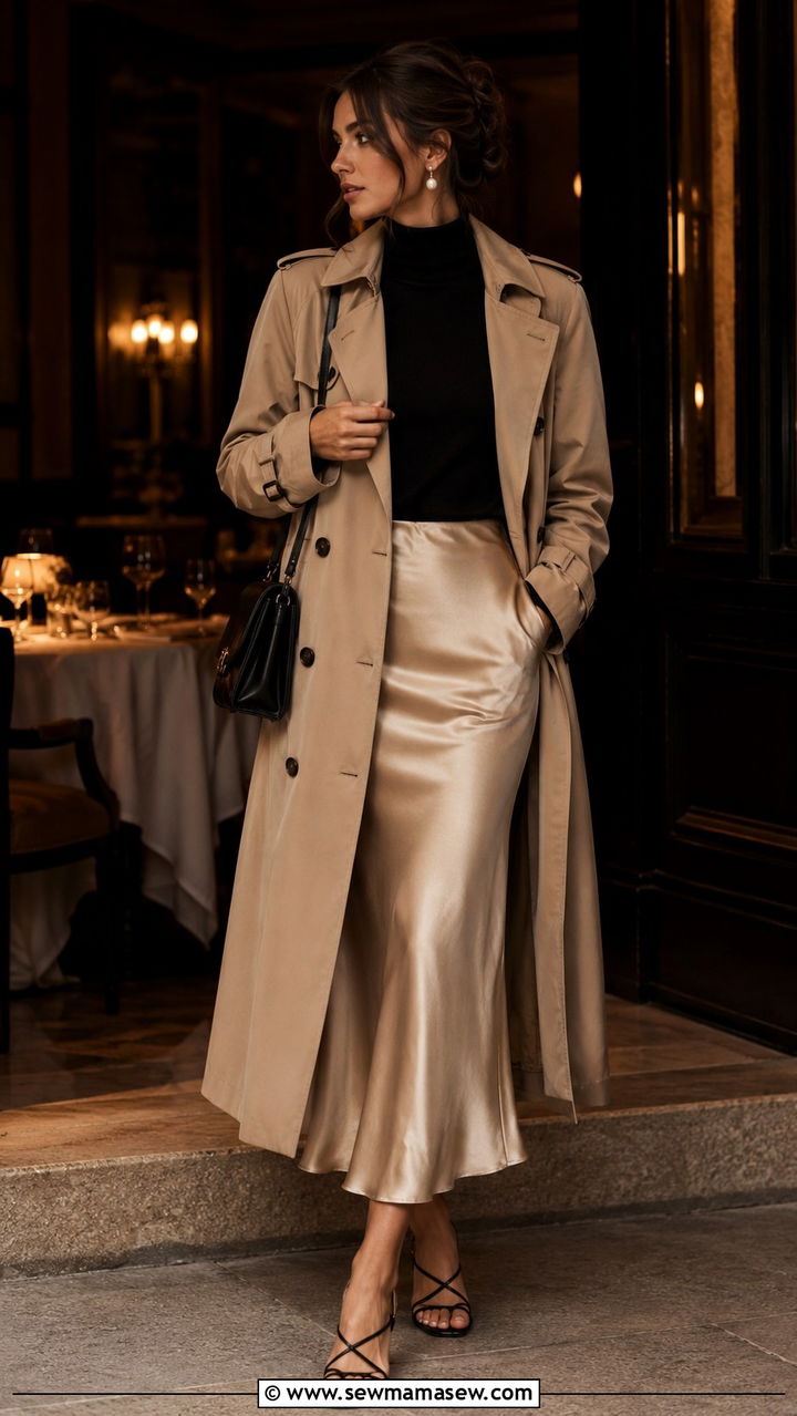 Double Breasted Trench With Satin Midi Skirt - 30 Quiet luxury outfit ideas with trench coat