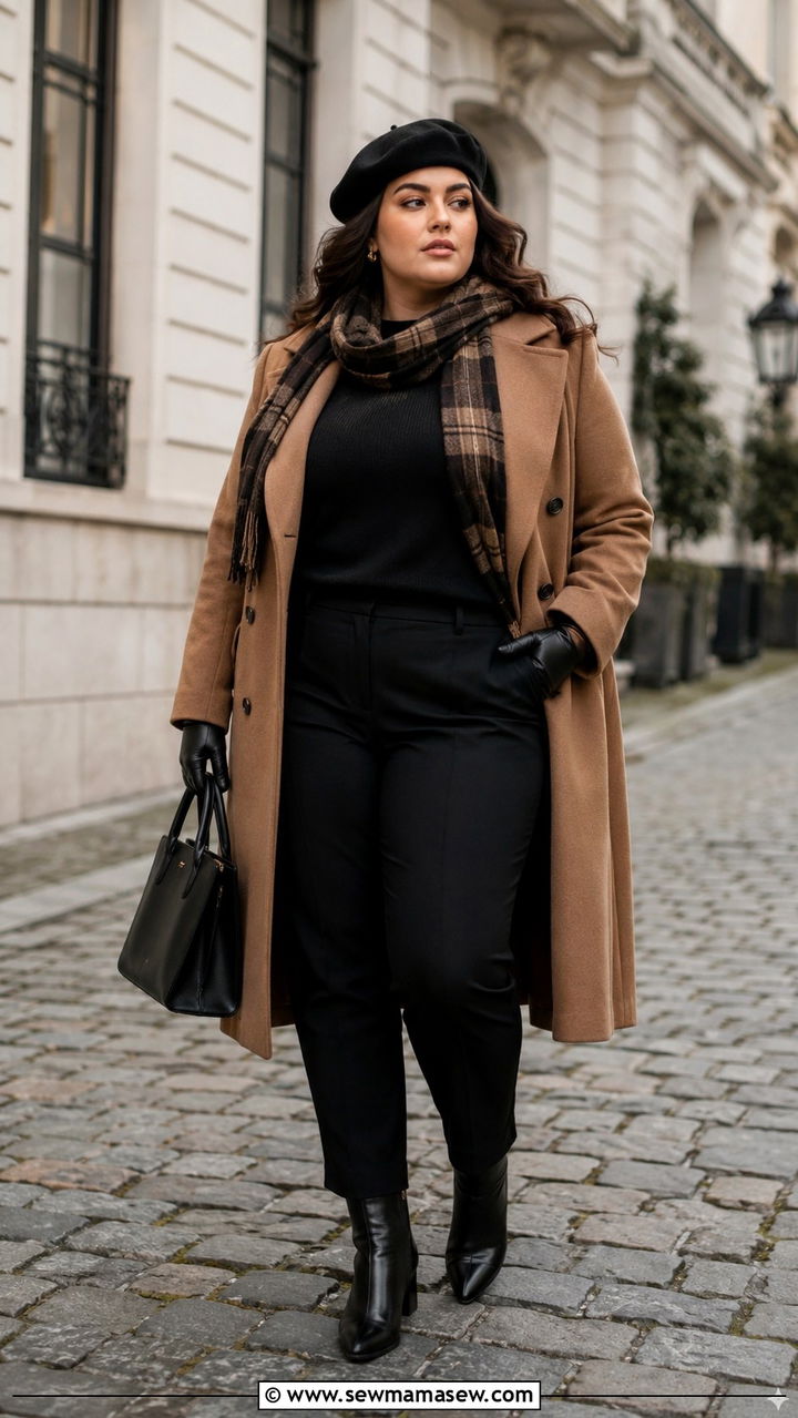 Double Breasted Wool Coat With Plaid Scarf And Beret Over Trousers - 20 Dark academia outfits for curvy women