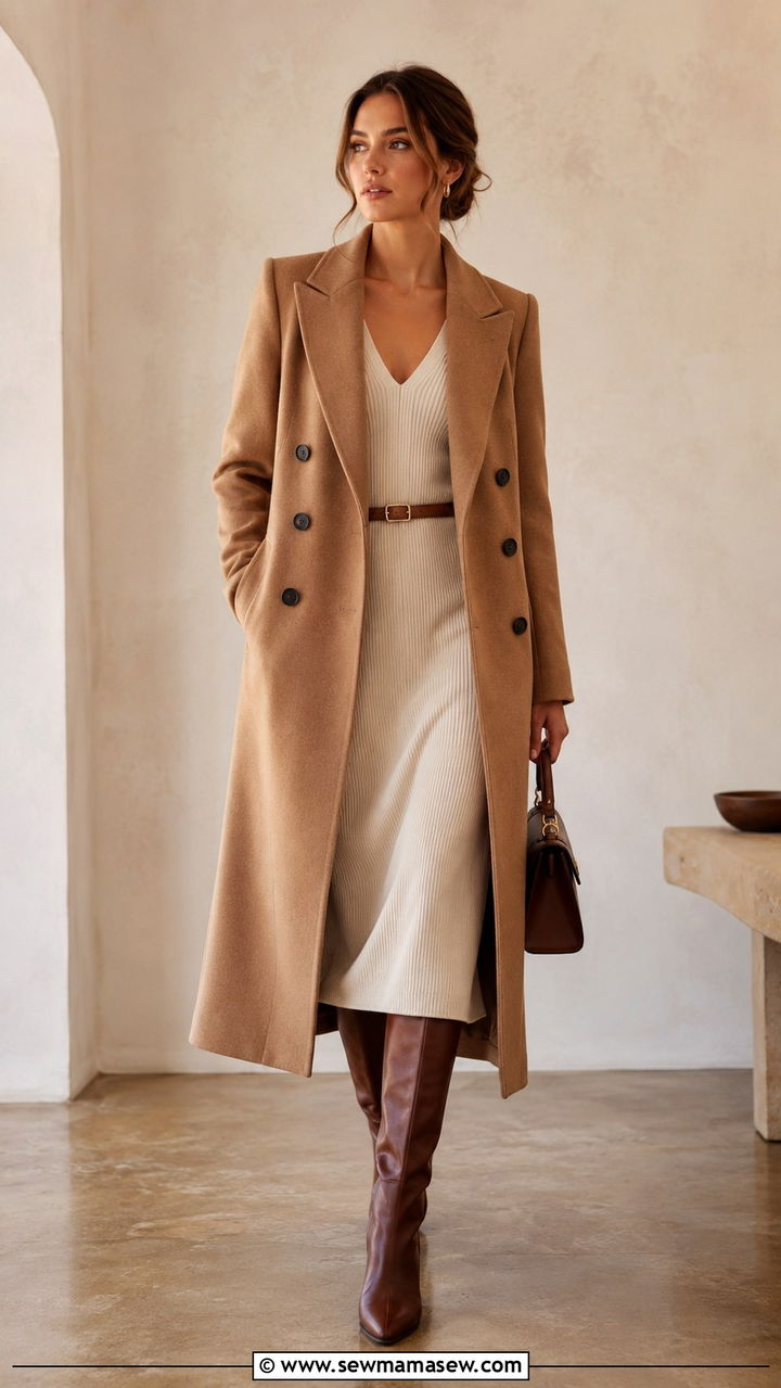 Double Breasted Wool Coat with Midi Dress and Knee High Boots - 30 Double breasted coat outfit ideas