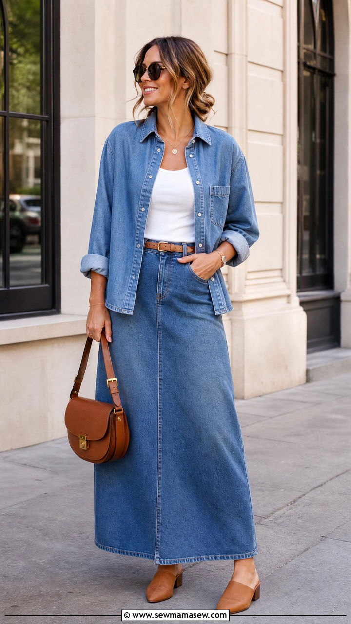 Double Denim Maxi Skirt Outfit - 25 chic denim skirt outfit ideas