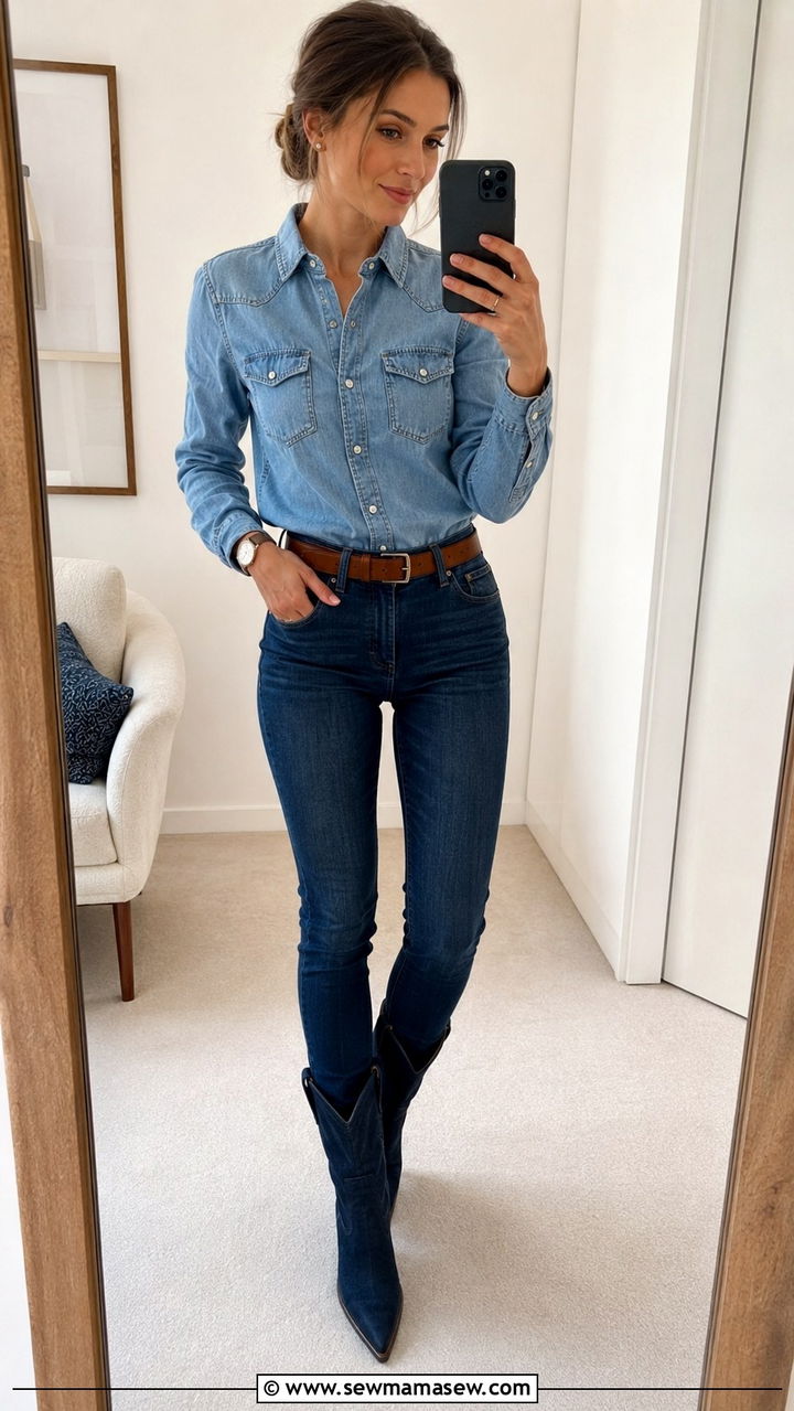 Double Denim Outfit With Pointed Toe Western Boots Petite - 25 Western outfit ideas petite