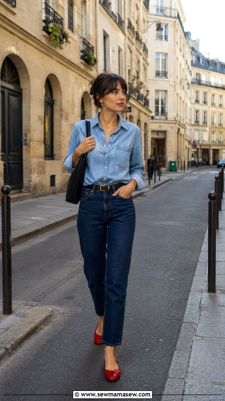 Double Denim Outfit With Red Ballet Flats - 30 Paris outfits inspo