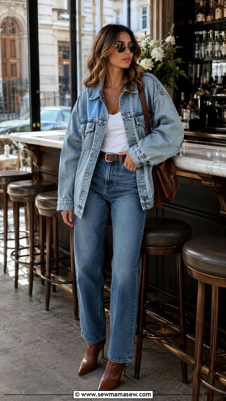 Double Denim With Contrast Wash Jacket and Jeans - 30 jeans outfits 2026