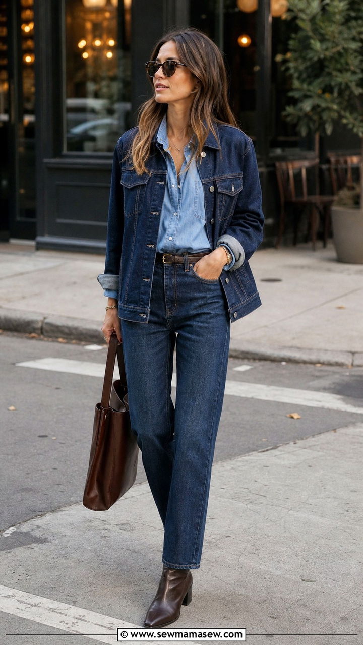 Double Denim With Heeled Ankle Boots And A Leather Tote - 40 dinner outfits for women