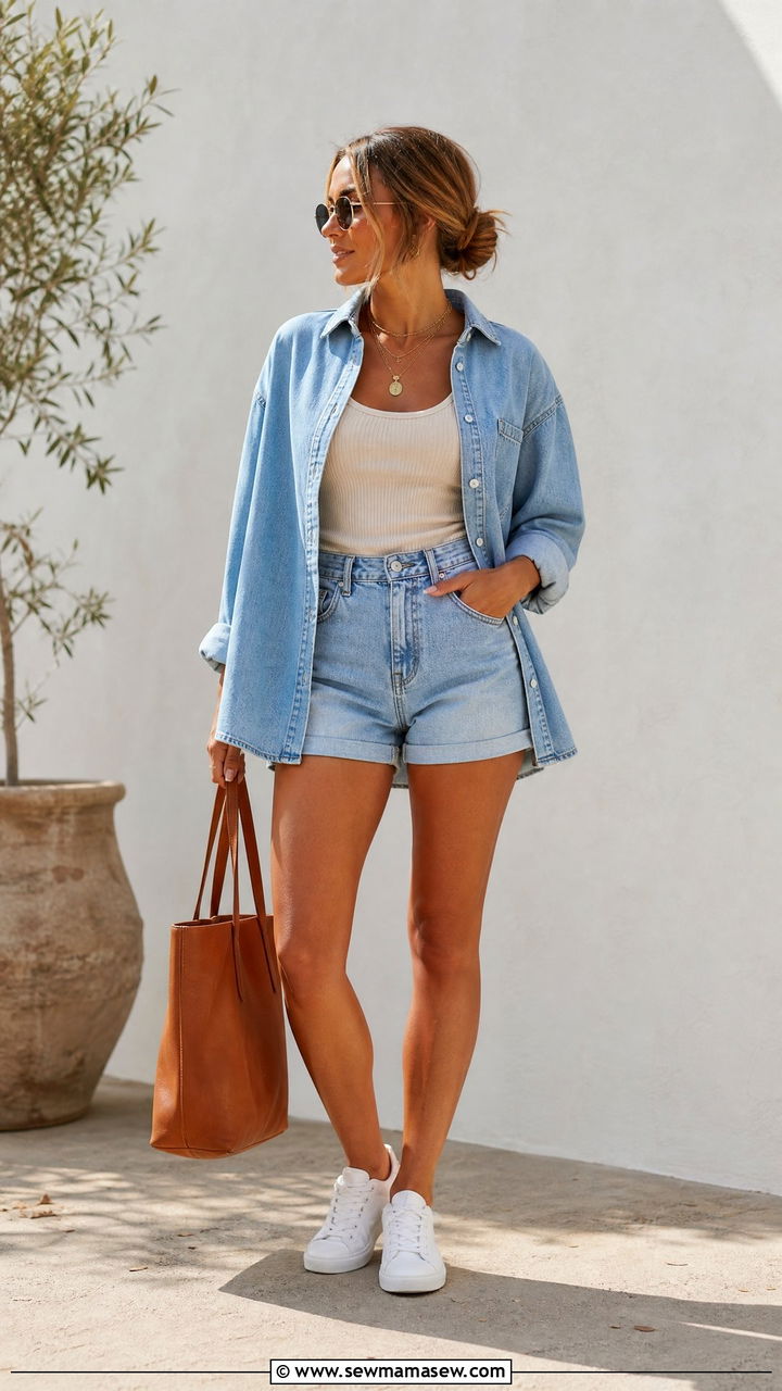 Double Denim With Matching Set - 30 denim shorts outfit ideas for women