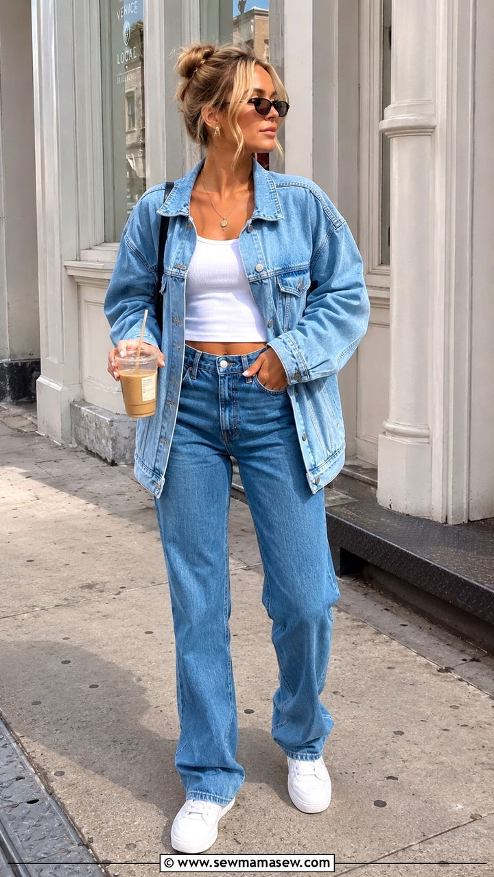 Double Denim With a White Tank - 30 casual 90s outfits