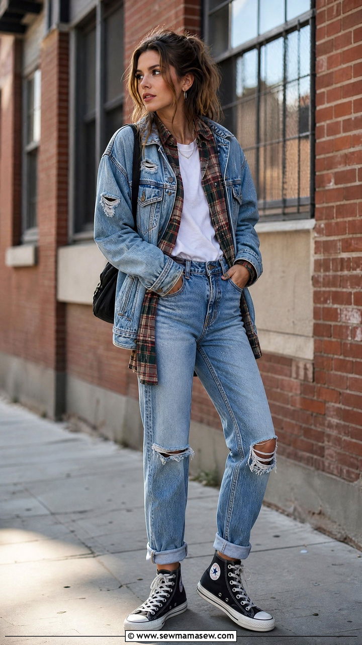 Double Denim with Flannel Shirt and High Top Sneakers - 35 grunge outfit ideas for women