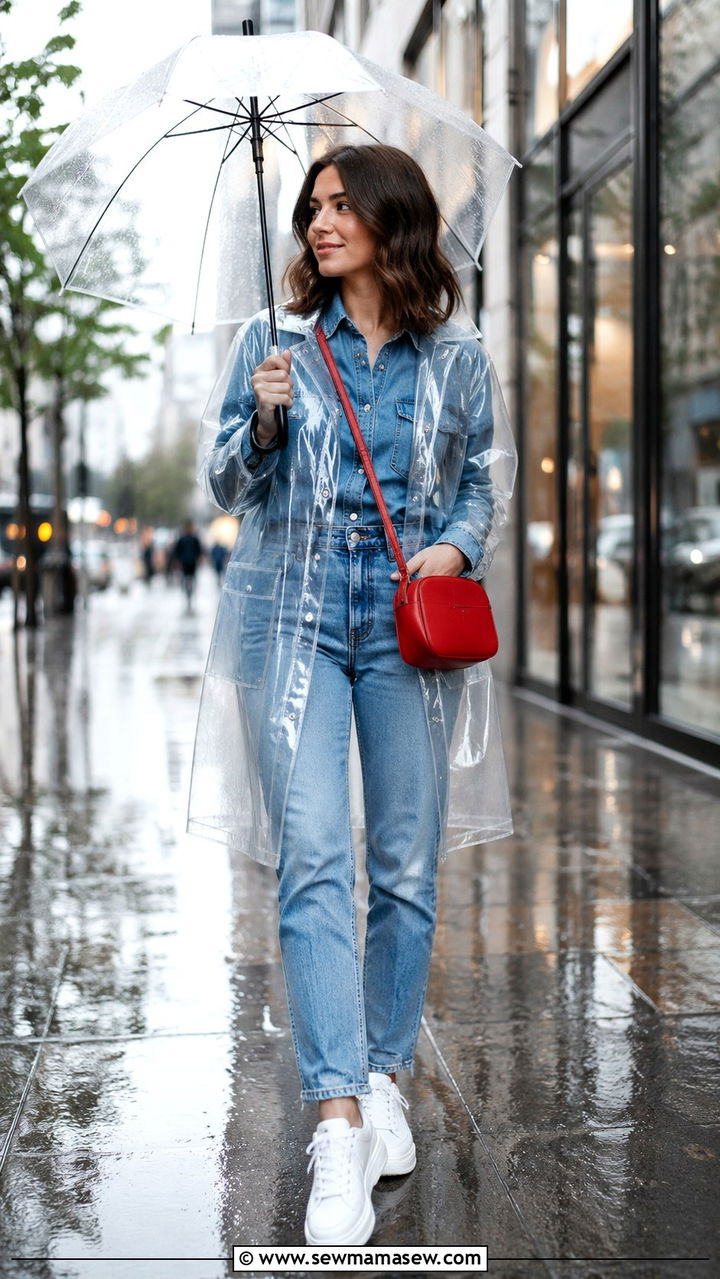 Double Denim with Waterproof Outerwear - 25 rainy day outfits inspo