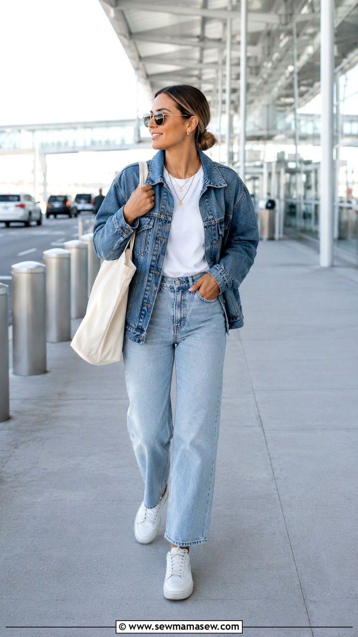 Double Denim with White Tee and Sneakers - 25 Airport outfit ideas for 12 hour flight