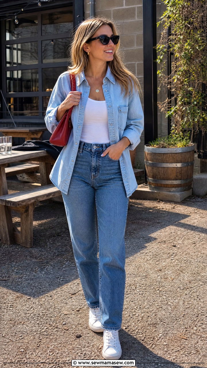 Double Denim with a Red Bag and White Sneakers - 35 Memorial Day weekend outfit ideas