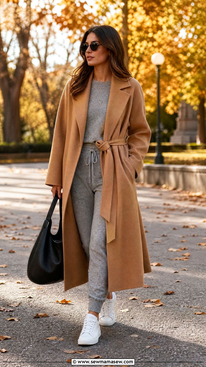 Double Faced Cashmere Wrap Coat Over Knit Set - 30 Luxury loungewear outfit ideas