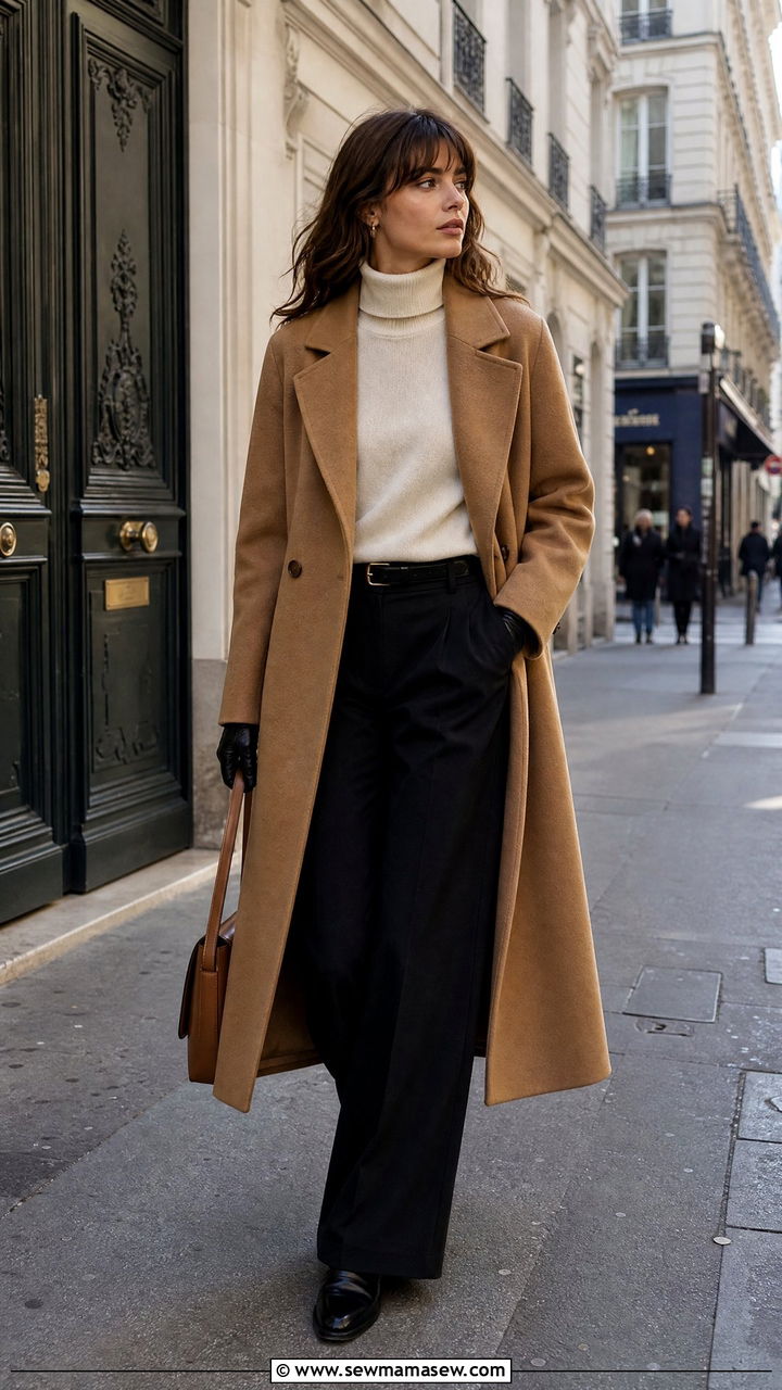 Double Faced Wool Coat With Wide Leg Trousers and Leather Gloves - 30 French girl outfits 2026
