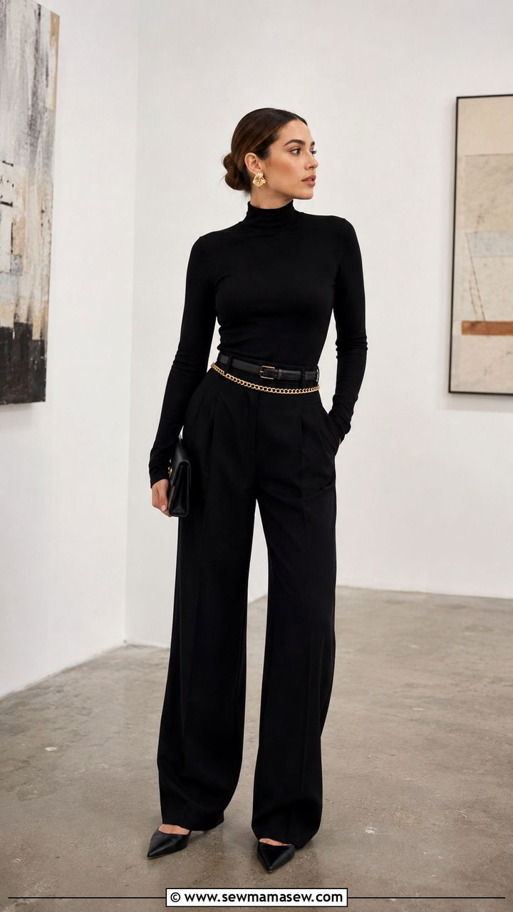 Double Layered Belts Over an All Black Ensemble - 30 Statement belt outfit ideas