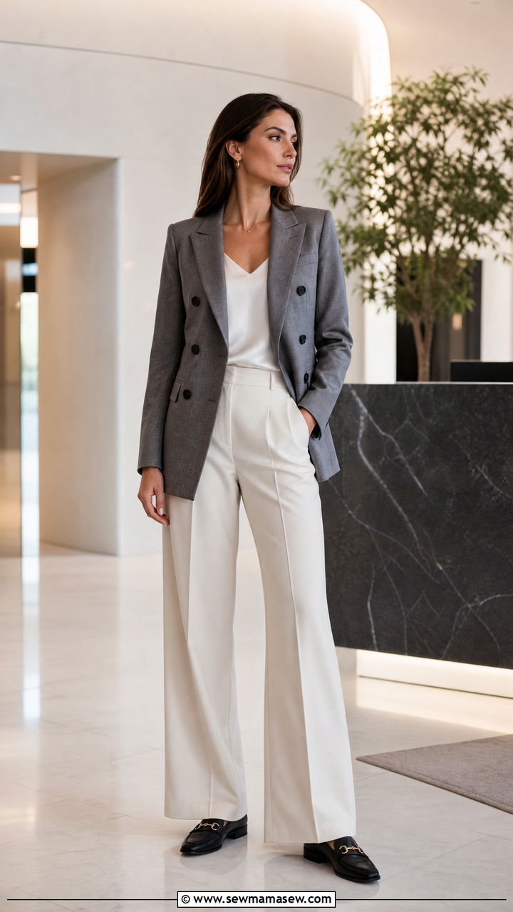 Double breasted blazer and wide leg trousers with loafers - 25 Old money outfit ideas with loafers