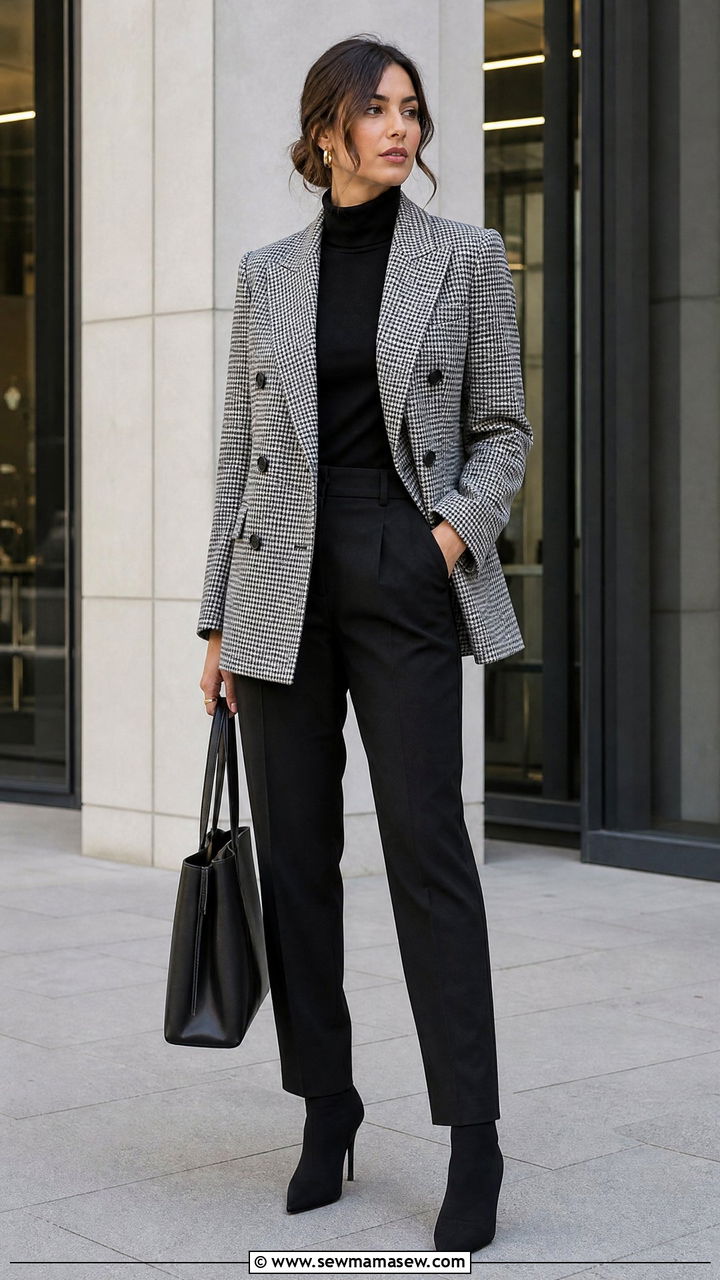Double breasted blazer with a mock neck top and tailored trousers - 30 First cold day outfits