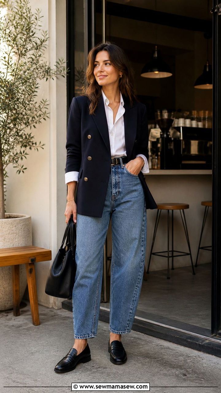 Double breasted blazer with barrel leg jeans and loafers - 40 blazer outfits for women