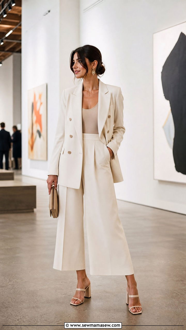 Double breasted blazer with draped wide leg culottes - 25 How to style a blazer for a wedding