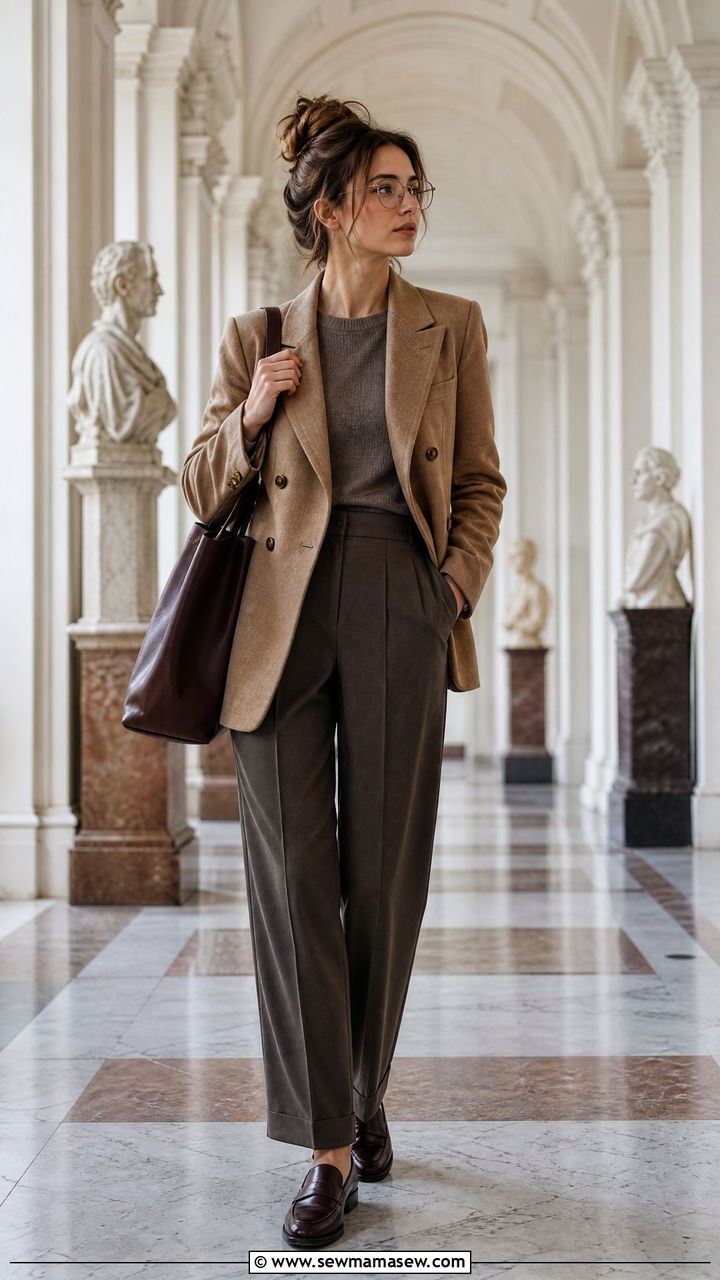 Double breasted blazer with high waisted trousers and loafers - 25 Poetcore outfit ideas college professor aesthetic