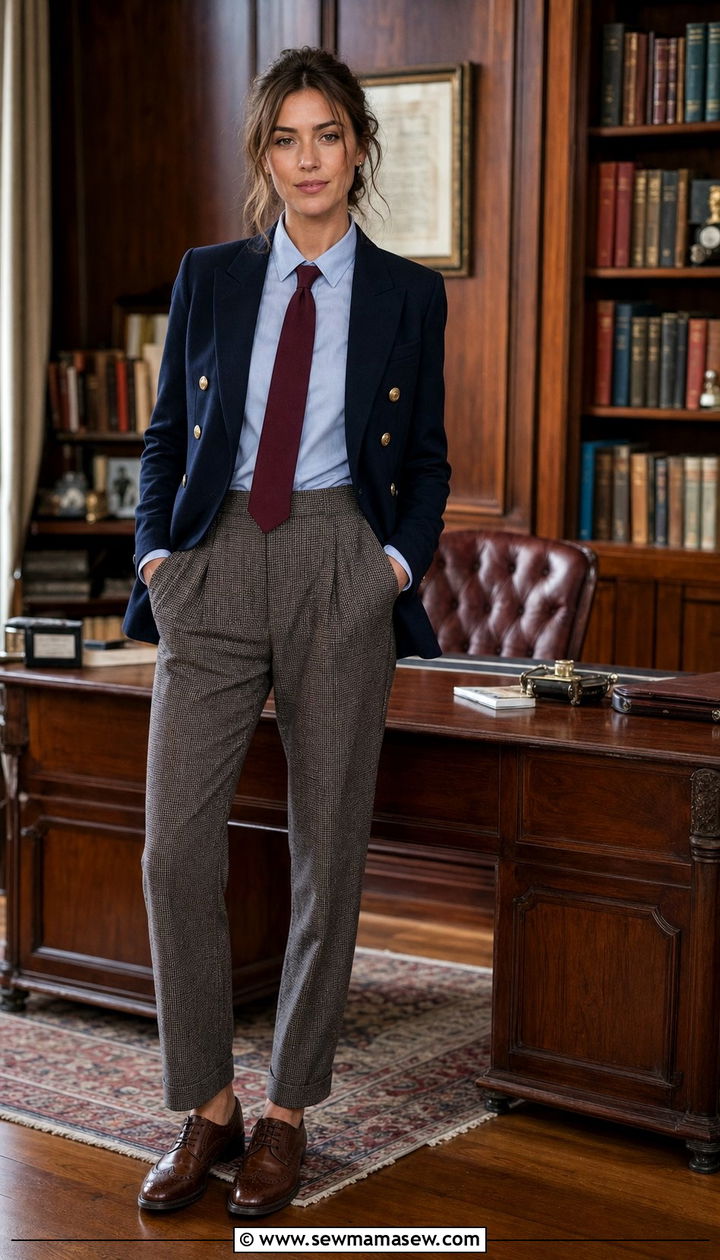 Double breasted blazer with plaid trousers and brogues - 25 Dark academia outfit ideas 2026