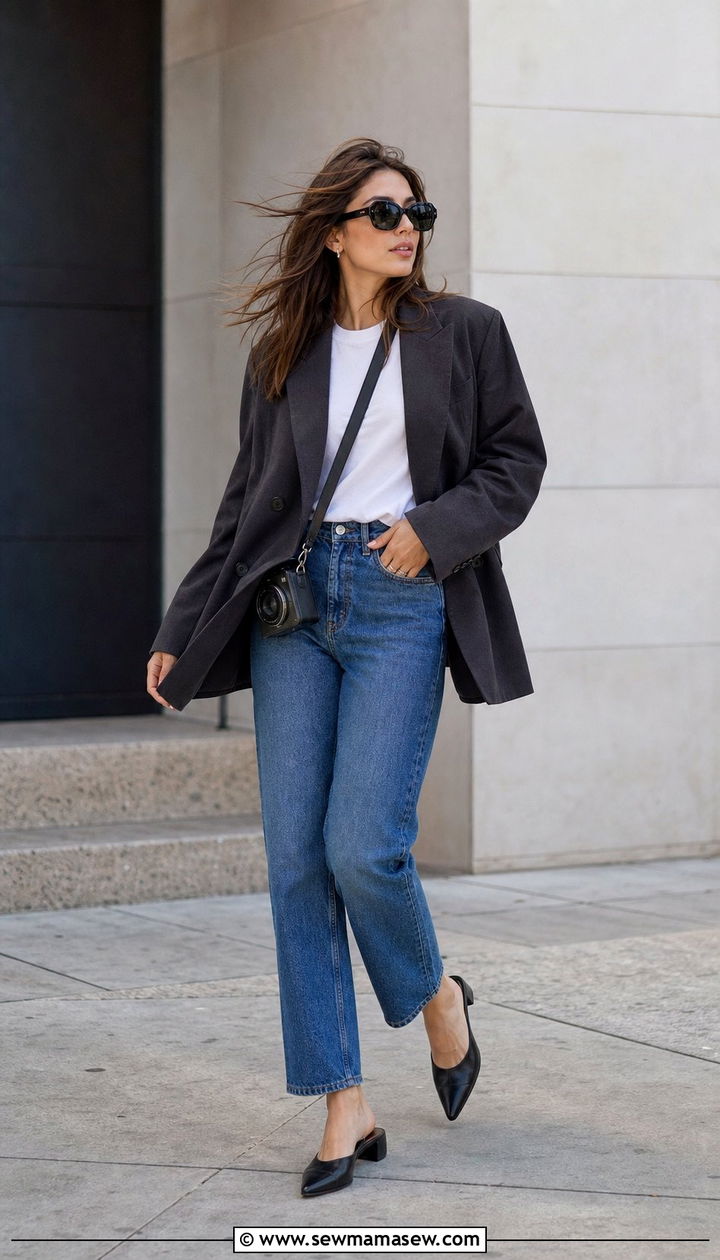 Double breasted blazer with straight leg jeans and mules - 25 classy windy day outfits