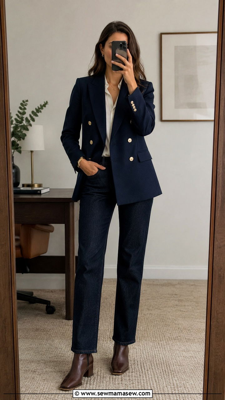 Double breasted blazer with straight leg jeans - 30 Office outfits with blazer