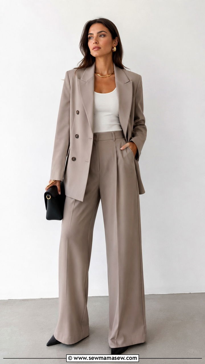 Double breasted blazer with wide leg pants outfit - 30 transitional work outfit ideas