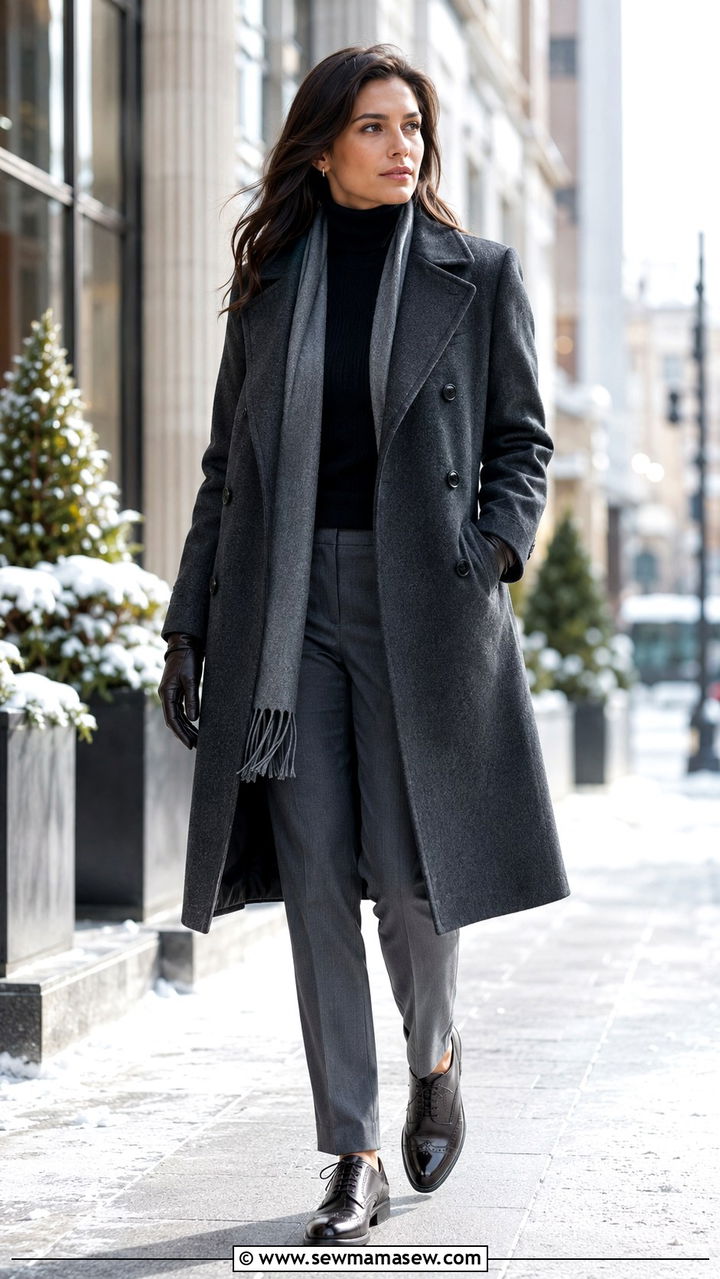 Double breasted coat with a turtleneck tailored trousers and brogues - 25 2026 outfits