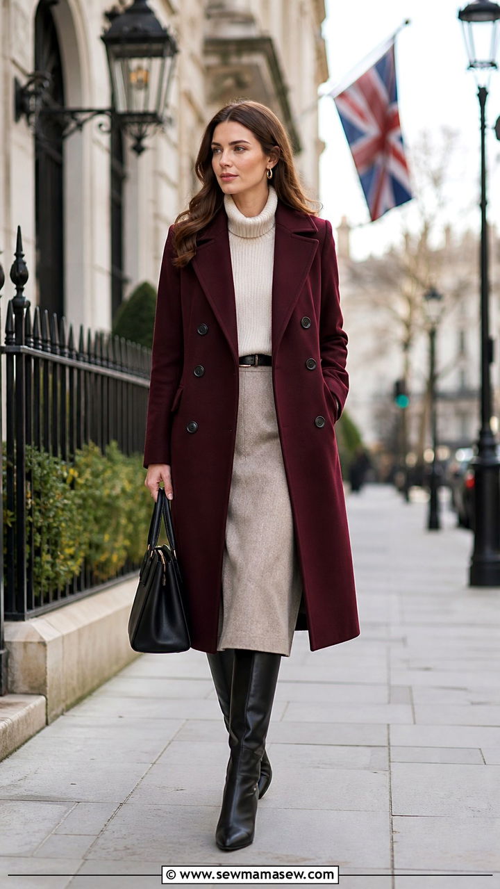 Double breasted coat with midi skirt and knee boots - 40 London outfit ideas