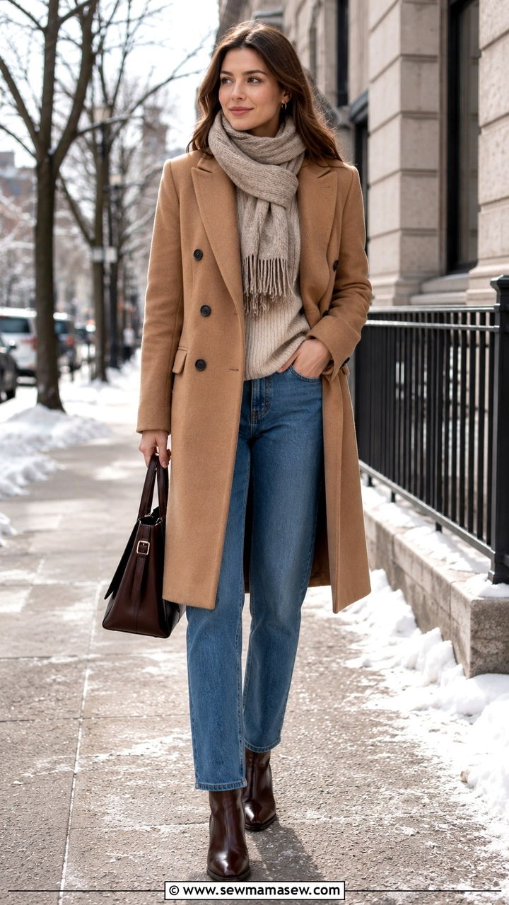 Double breasted coat with straight leg jeans - 25 Outfit ideas for narrow shoulders