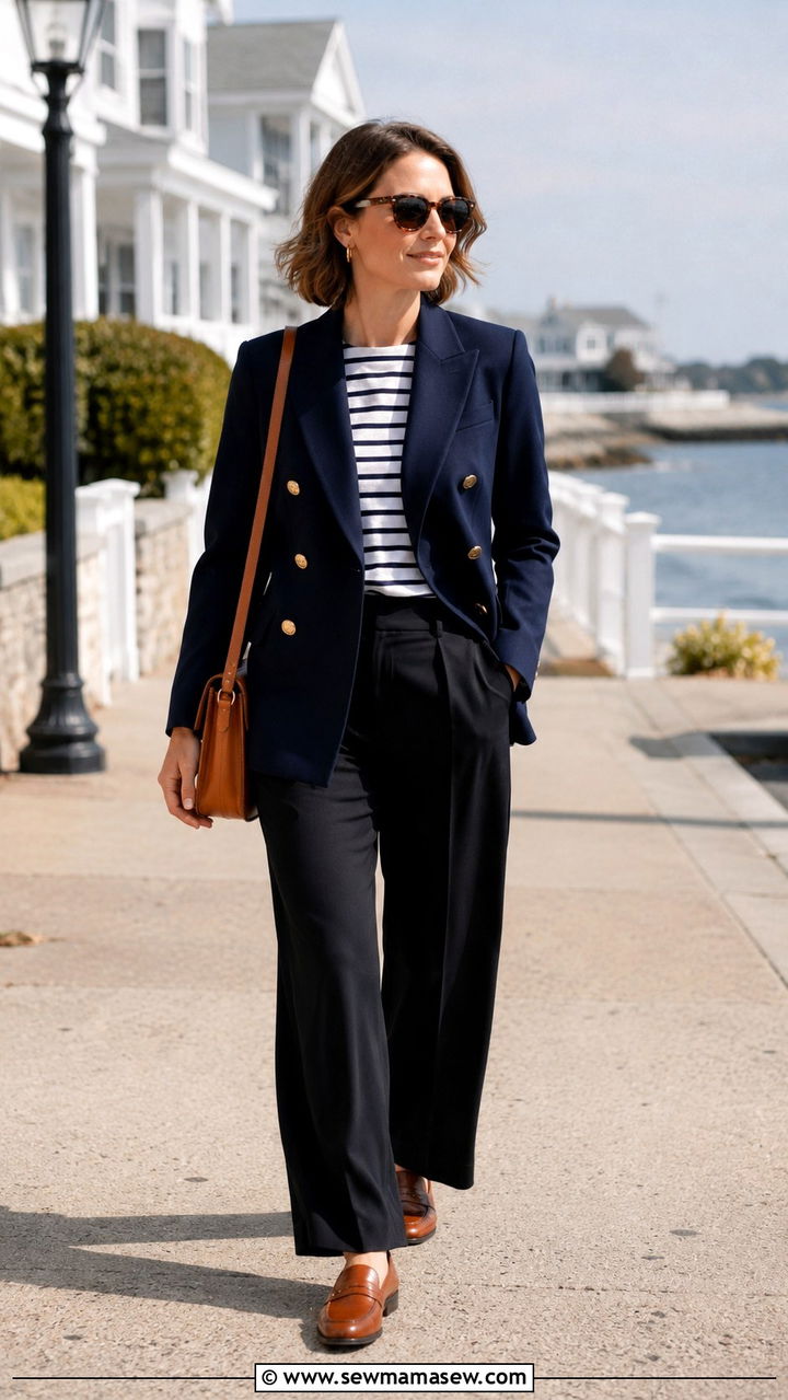 Double breasted navy blazer with a striped boatneck top and loafers - 25 Wide leg black pants outfit ideas with a blazer