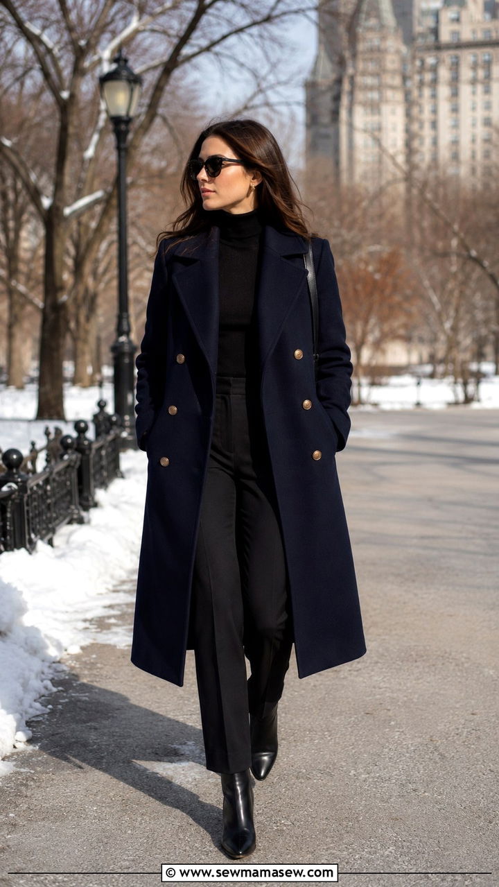 Double breasted navy coat and black turtleneck outfit - 20 Quiet luxury outfit ideas Kate Middleton
