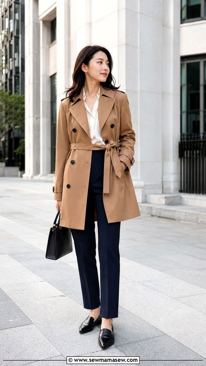 Double breasted petite trench coat with tailored trousers and pointed loafers - 25 Petite outfit ideas with trench coat