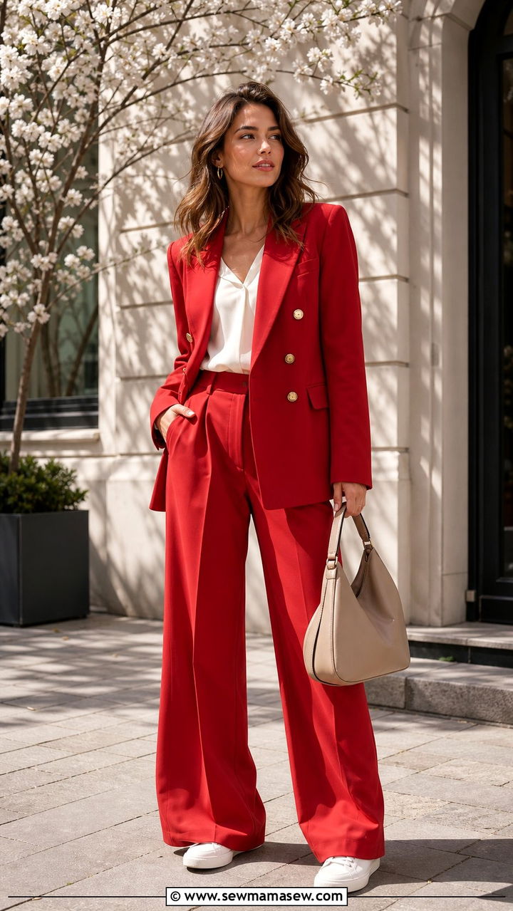 Double breasted red blazer with matching wide leg trousers - 25 Sofia Richie spring outfit ideas