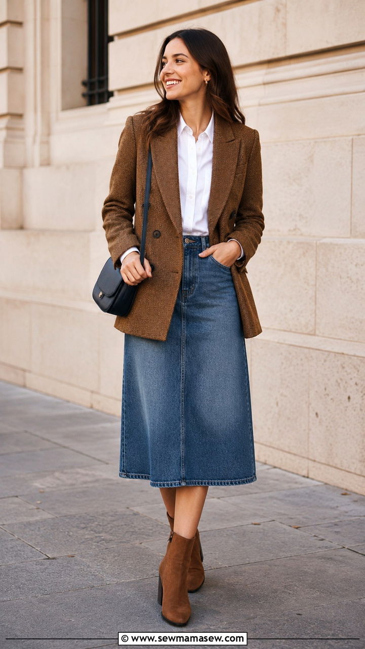 Double breasted tweed blazer with A line denim skirt - 20 Tweed blazer outfit ideas with a skirt
