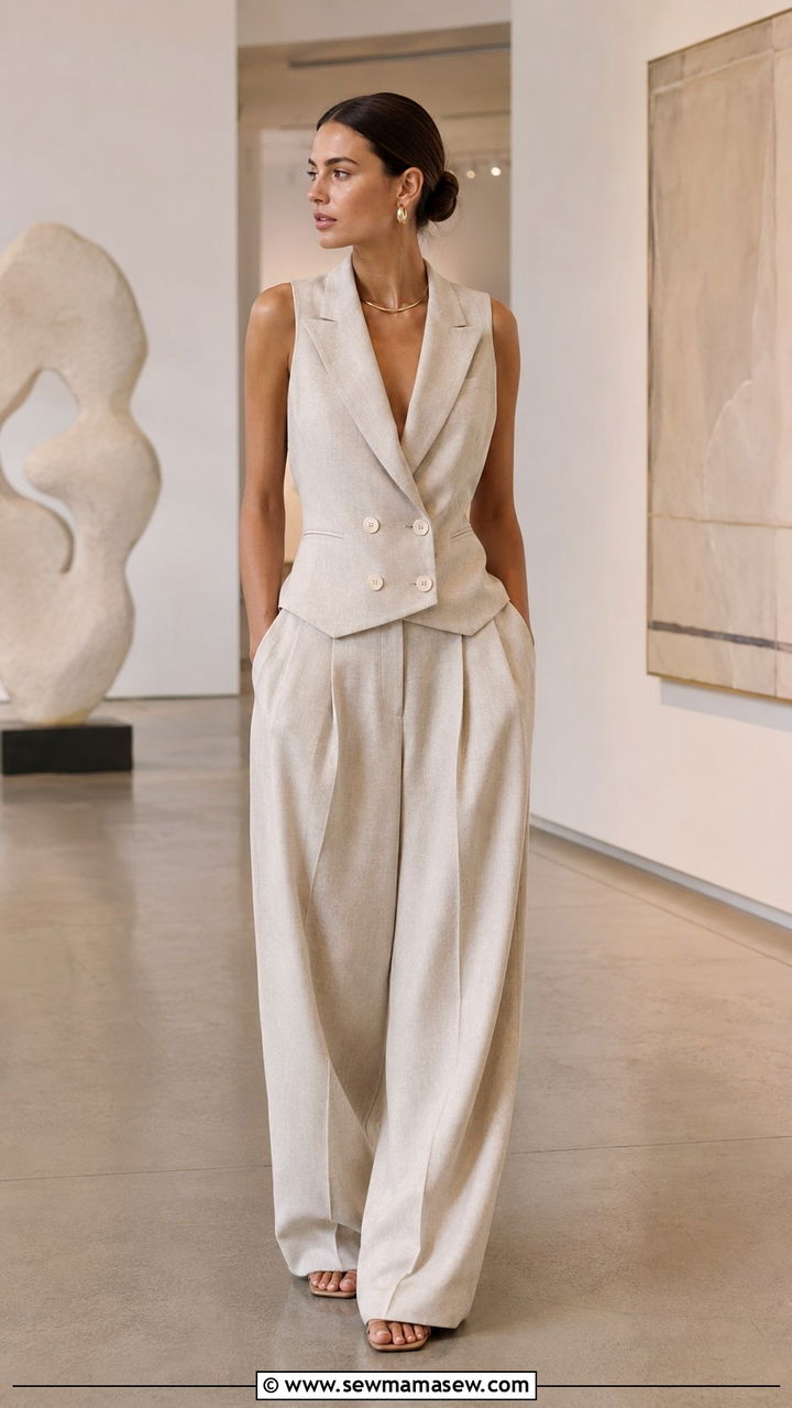 Double breasted waistcoat with wide leg pants - 25 waistcoat vest outfit ideas for women