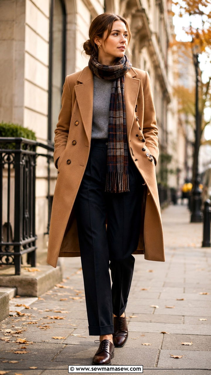 Double breasted wool coat and tailored trousers outfit - 30 librarian core outfits for women