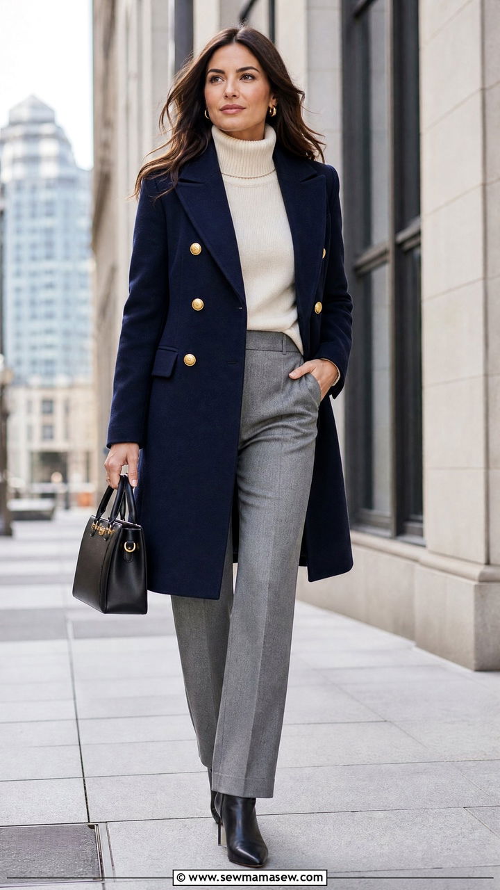 Double breasted wool coat with a mock neck sweater and straight trousers - 30 First cold day outfits
