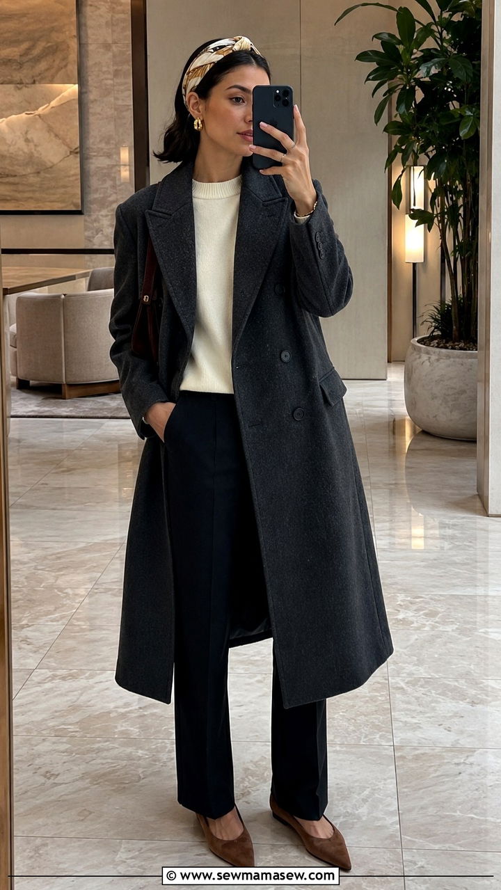 Double breasted wool coat with tailored trousers and suede flats - 25 Old money outfit ideas with equestrian style
