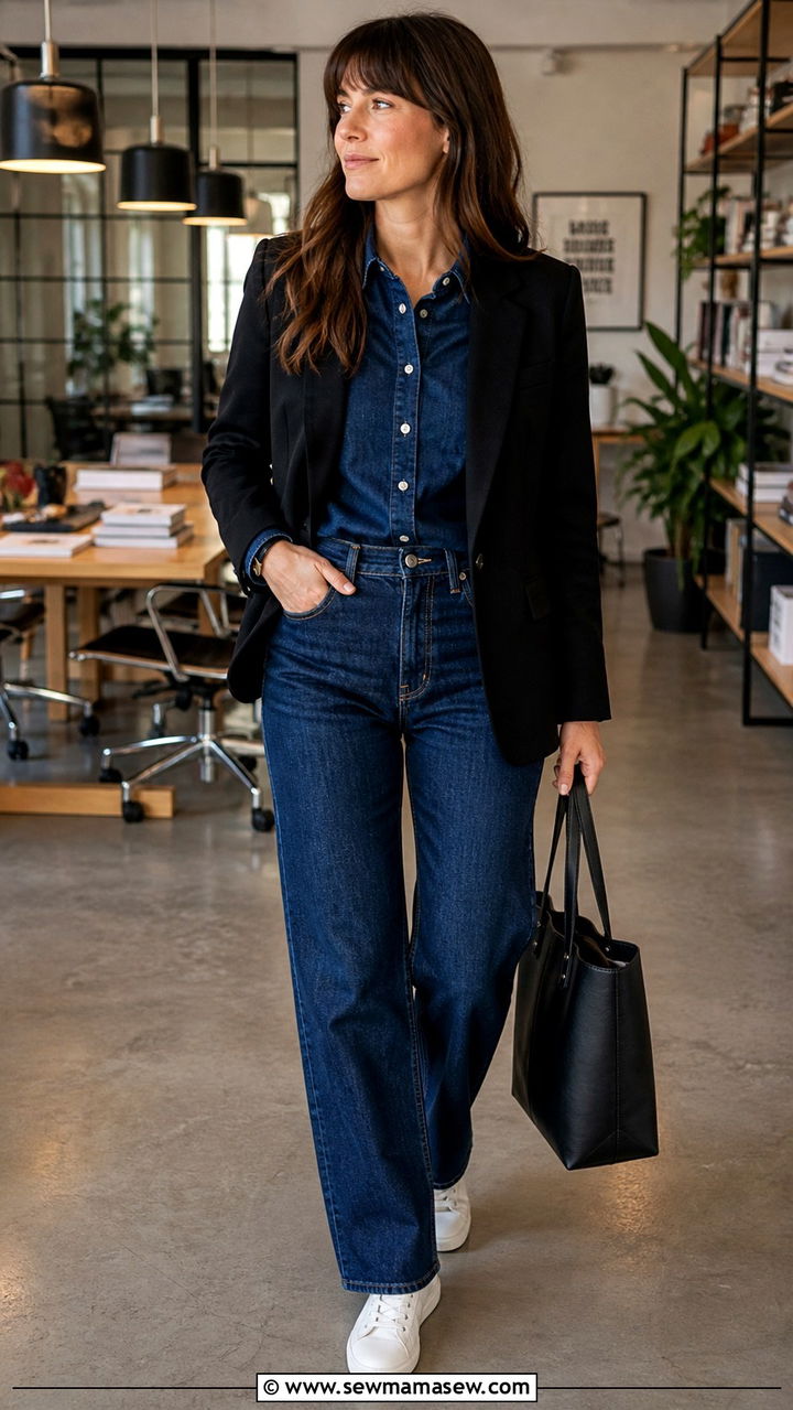 Double denim look with blazer and white sneakers - 40 Business trip outfit ideas