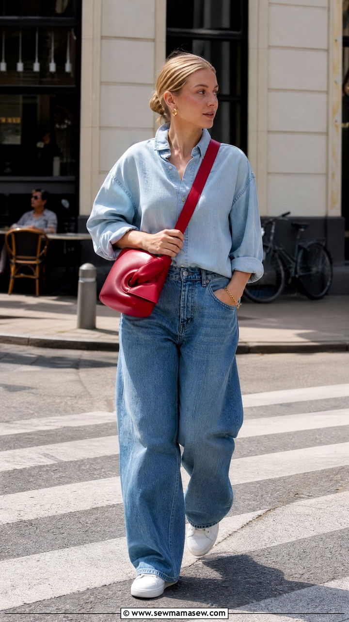 Double denim outfit with a bold bag Copenhagen - 25 casual Copenhagen outfits