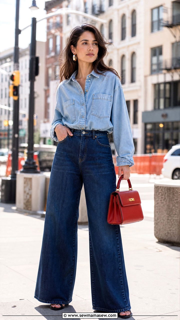 Double denim outfit with a pop of red - 30 summer to fall outfits for women