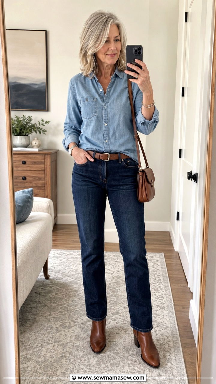 Double denim outfit with brown ankle boots - 20 Jeans and boots outfit ideas over 50