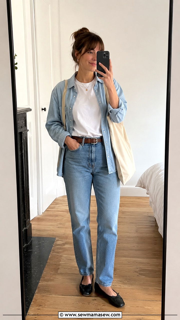 Double denim with a crisp white shirt and ballet flats - 30 casual french girl outfits