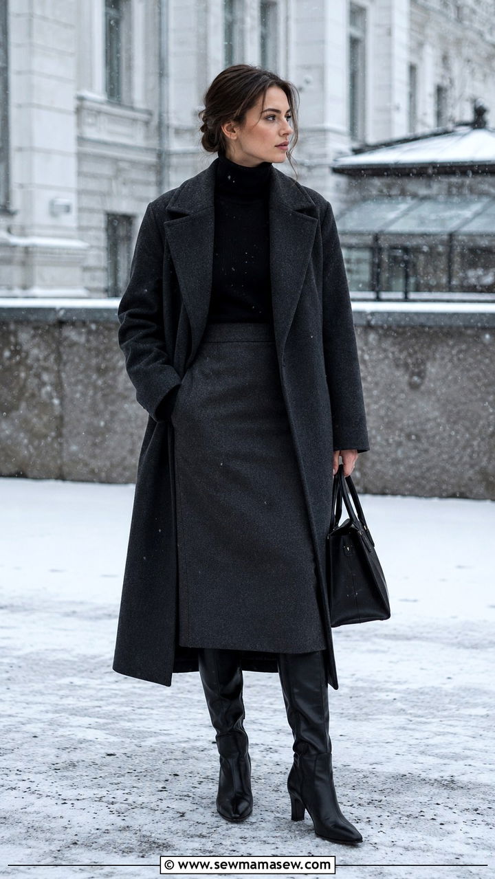 Double faced wool coat and wool skirt outfit - 30 scandinavian capsule wardrobe outfits