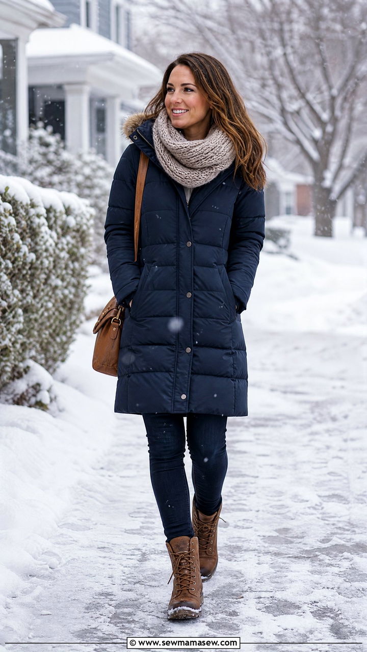 Down Coat and Slim Fit Jeans - 30 Cute outfits for moms