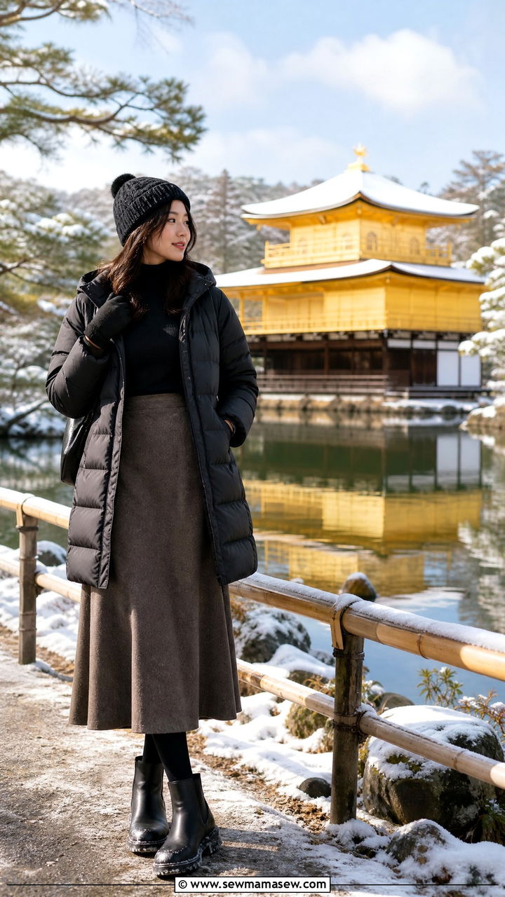 Down Puffer Coat With Wool Skirt Kyoto - 30 Kyoto outfit ideas