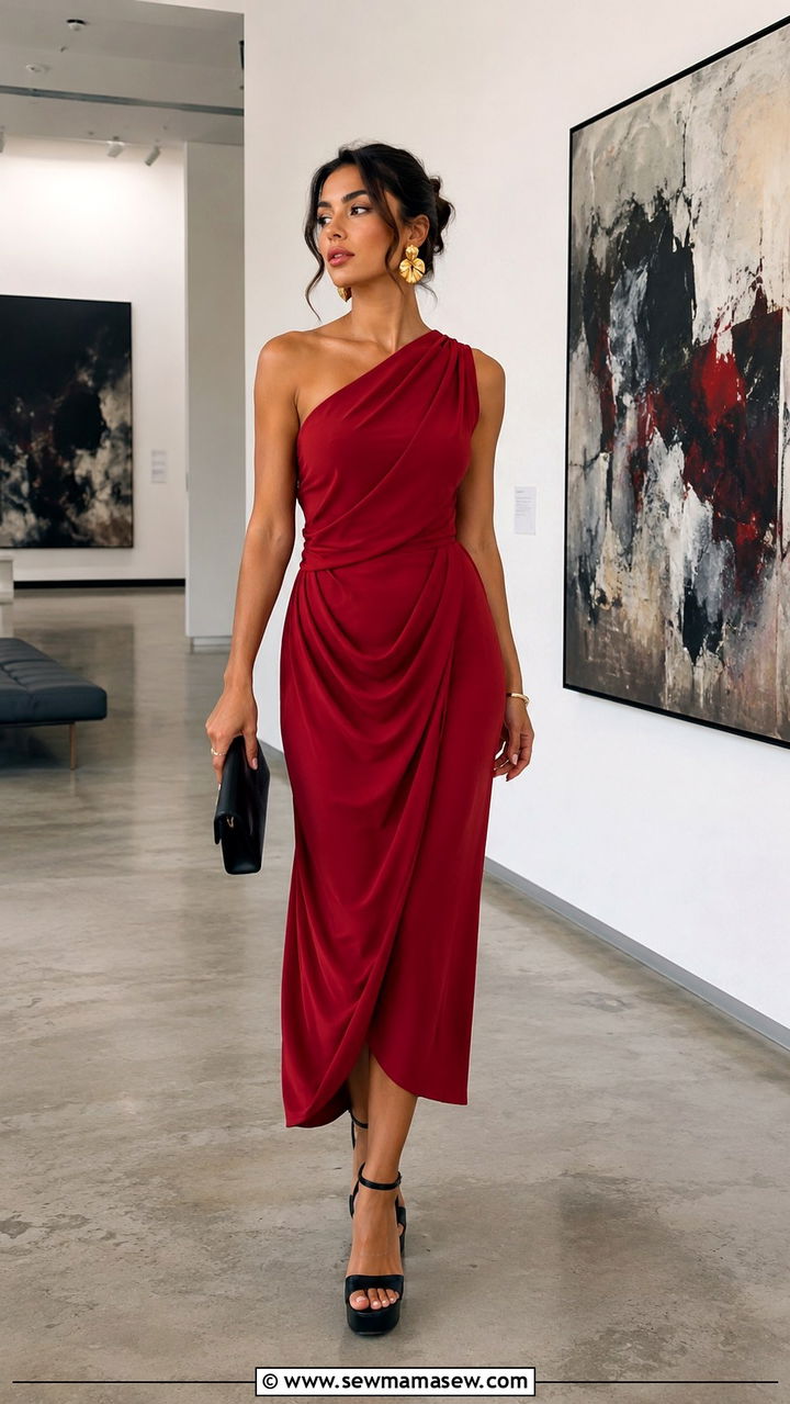 Dramatic drape dress with sculptural earrings and platform heels - 25 Opera aesthetic outfit ideas 2026