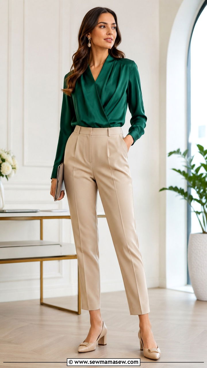 Drape Front Blouse with High Waisted Tapered Trousers - 20 work outfits for women with tummy