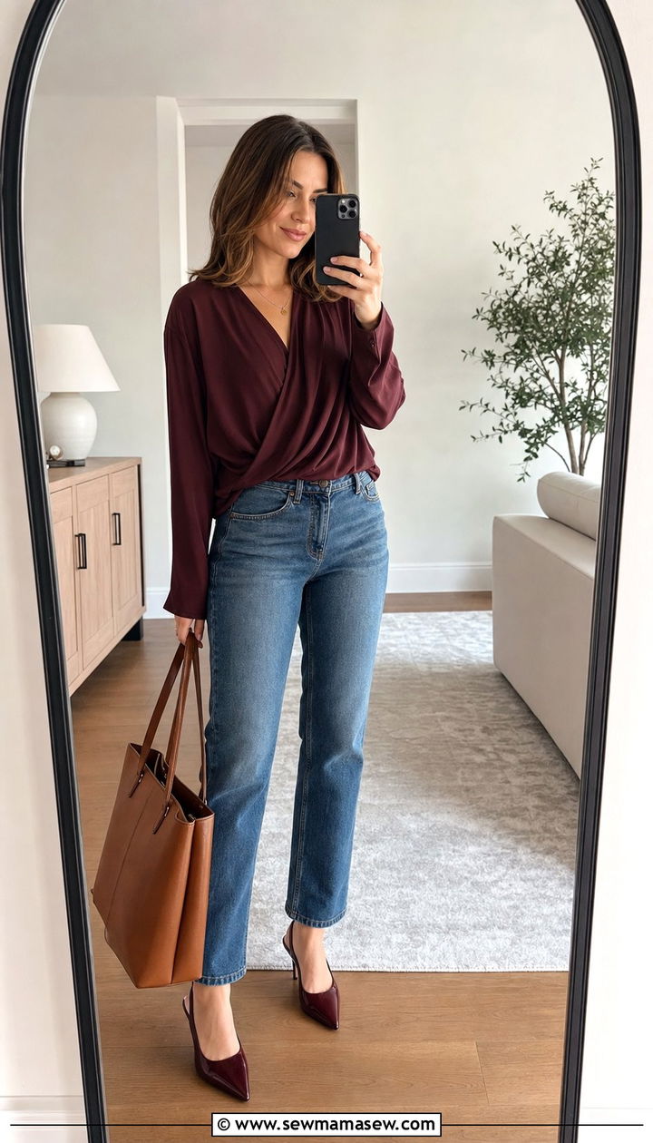 Drape Front Top With Straight Leg Jeans Spring Outfit - 25 Spring outfits for inverted triangle shape